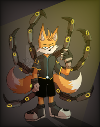 Size: 1617x2048 | Tagged: safe, artist:glitchysquidd, miles "tails" prower, nine, sonic prime, abstract background, frown, lidded eyes, looking at viewer, solo, spotlight, standing