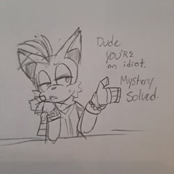 Size: 2048x2048 | Tagged: safe, artist:icednebula, miles "tails" prower, nine, sonic prime, dialogue, english text, grey background, looking offscreen, monochrome, simple background, sitting, sketch, solo, traditional media