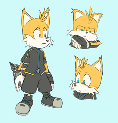 Size: 670x700 | Tagged: safe, artist:nell0-0, miles "tails" prower, nine, sonic prime, blue background, cute, flat colors, frown, head only, looking offscreen, simple background, solo, standing, tailabetes
