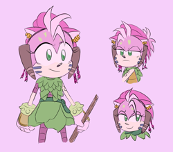 Size: 640x560 | Tagged: safe, artist:nell0-0, amy rose, thorn rose, sonic prime, flat colors, frown, holding something, looking offscreen, pink background, simple background, smile, solo, standing