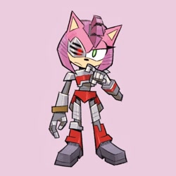 Size: 1200x1200 | Tagged: safe, artist:professionalhacker1010, amy rose, sonic prime, cyborg, frown, looking at viewer, partially roboticized, pink background, rusty rose, simple background, solo, standing