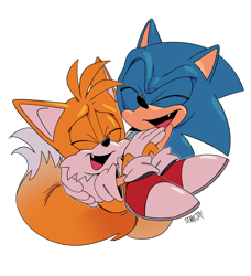 Size: 1864x2047 | Tagged: safe, artist:starrjoy, miles "tails" prower, sonic the hedgehog, carrying them, duo, eyes closed, hugging, mouth open, one fang, signature, simple background, smile, standing, white background