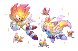 Size: 2048x1347 | Tagged: safe, artist:starrjoy, flicky, miles "tails" prower, sonic the hedgehog, super sonic, super tails, ambiguous gender, arms out, clenched teeth, flying, group, looking at each other, male, mouth open, simple background, smile, sparkles, super form, white background, wink