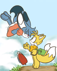 Size: 1636x2048 | Tagged: safe, artist:butterrrmoth, kit the fennec, miles "tails" prower, abstract background, barefoot, bucket, crossdressing, daytime, dress, duo, gay, gloves off, kitails, lidded eyes, looking at each other, mid-air, mouth open, outdoors, paws, shipping, shirt, shorts, smile, standing