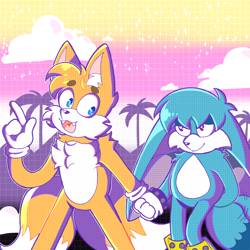 Size: 1200x1200 | Tagged: safe, artist:arrowsperpetualcringe, kit the fennec, miles "tails" prower, abstract background, duo, fangs, gay, hands behind back, heart, holding hands, kitails, lidded eyes, looking at them, looking back at them, mouth open, pointing, shipping, smile, standing