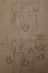 Size: 1363x2048 | Tagged: safe, artist:sminny-wew, shadow the hedgehog, sonic the hedgehog, dialogue, duo, english text, exclamation mark, frown, gay, holding hands, holding something, looking offscreen, phone, shadow x sonic, shipping, simple background, sketch, smile, speech bubble, traditional media