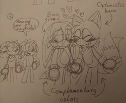 Size: 2048x1681 | Tagged: safe, artist:sminny-wew, kit the fennec, miles "tails" prower, shadow the hedgehog, sonic the hedgehog, blushing, dialogue, duo focus, english text, gay, group, heart, holding hands, kitails, mouth open, shadow x sonic, shipping, shy, simple background, sketch, smile, speech bubble, standing, traditional media