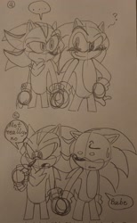 Size: 1258x2048 | Tagged: safe, artist:sminny-wew, shadow the hedgehog, sonic the hedgehog, blushing, duo, frown, gay, holding something, looking at something, looking at them, phone, question mark, shadow x sonic, shipping, simple background, sketch, standing, sweatdrop, traditional media