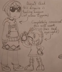 Size: 1759x2048 | Tagged: safe, artist:sminny-wew, amy rose, princess elise, duo, english text, frown, hoodie, looking at each other, sketch, skirt, smile, standing, sunglasses, traditional media, wink