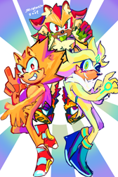Size: 1904x2826 | Tagged: safe, artist:solfinite, shadow the hedgehog, silver the hedgehog, sonic the hedgehog, super shadow, super sonic, abstract background, claws, flying, looking at viewer, pawpads, smile, soap shoes, super form, super silver, trio