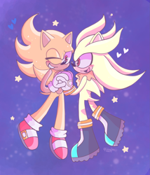 Size: 1755x2048 | Tagged: safe, artist:eldoodlez, silver the hedgehog, sonic the hedgehog, super sonic, abstract background, blushing, duo, flying, gay, heart, holding hands, looking at each other, shipping, smile, sonilver, star (symbol), super form, super silver, wink
