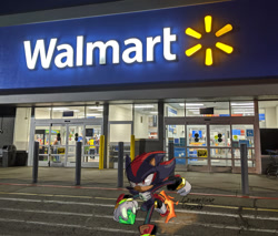 Size: 895x764 | Tagged: safe, artist:crystallinegazer, shadow the hedgehog, chaos emerald, holding something, meme, outdoors, photographic background, signature, solo, solo male, sonic characters walking into stores, storefront, walmart
