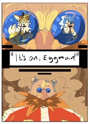Size: 1047x1447 | Tagged: safe, artist:d0d0-b0i, miles "tails" prower, robotnik, sonic the hedgehog, fox, hedgehog, human, comic, dialogue, goggles, goggles on head, male, males only, pointing, reflection, trio, trio male