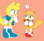 Size: 400x365 | Tagged: safe, artist:lmsr, ray the flying squirrel, flying squirrel, squirrel, classic ray, confused, duo, looking at each other, male, modern ray, orange background, question mark, self paradox, simple background, standing