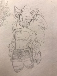 Size: 1536x2048 | Tagged: safe, artist:kaths-art, sonic the hedgehog, chest fluff, ear fluff, looking offscreen, mouth open, older, shorts, sketch, smile, solo, standing, top surgery scars, traditional media, trans male, transgender