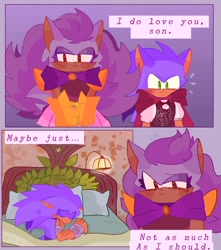 Size: 1812x2048 | Tagged: semi-grimdark, artist:emenens, queen aleena, sonic the hedgehog, abstract background, bandage, bed, blood, blood stain, blushing, dialogue, duo, english text, female, floppy ears, frown, implied child abuse, implied self-harm, male, mother and son, sleeping, standing, trans male, transgender