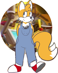 Size: 2048x2573 | Tagged: safe, artist:softponies, miles "tails" prower, clothes, hands behind back, looking offscreen, overalls, semi-transparent background, smile, solo, standing, trans female, transgender