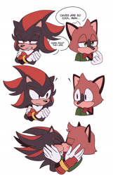 Size: 1322x2048 | Tagged: safe, artist:peachmangopie323, barry the quokka, shadow the hedgehog, arms folded, blushing, bust, dialogue, duo, english text, exclamation mark, frown, gay, kiss, lidded eyes, looking at each other, sharry, shipping, simple background, sonic boom (tv), speech bubble, standing, white background
