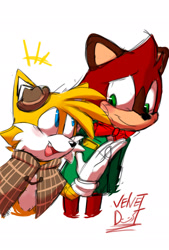 Size: 1384x2048 | Tagged: safe, artist:itsvelvet-dust, barry the quokka, miles "tails" prower, the murder of sonic the hedgehog, blushing, duo, looking at each other, mouth open, one fang, signature, simple background, smile, standing, white background