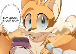Size: 2048x1448 | Tagged: safe, artist:jetorii, miles "tails" prower, dialogue, english text, looking at viewer, mouth open, simple background, solo, speech bubble, standing, white background