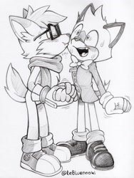 Size: 1542x2048 | Tagged: safe, artist:lebluenooki, barry the quokka, gadget the wolf, wolf, barrybetes, barryget, blushing, gadgebetes, gay, glasses, holding hands, kiss on cheek, monochrome, quokka, scarf, shipping, signature, simple background, sketch