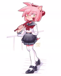 Size: 1638x2048 | Tagged: safe, artist:din_rutherford, amy rose, hedgehog, alternate outfit, baseball bat, female, full body, holding something, lidded eyes, midriff, schoolgirl outfit, simple background, skirt, solo, white background