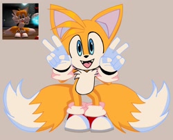 Size: 2048x1663 | Tagged: safe, artist:_princess_4011, miles "tails" prower, looking at viewer, redraw, reference inset, shadow the hedgehog (video game), solo, v sign