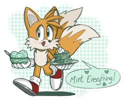 Size: 679x546 | Tagged: safe, miles "tails" prower, abstract background, dialogue, green background, ice cream, licking lips, pancake, solo, that fox sure loves mint candy