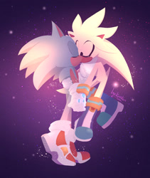 Size: 2000x2375 | Tagged: safe, artist:buckettkun, silver the hedgehog, sonic the hedgehog, hedgehog, eyes closed, gay, kiss, shipping, sonilver, space