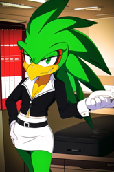 Size: 405x609 | Tagged: safe, ai art, artist:mobians.ai, jet the hawk, gender swap, office, office outfit, watermark