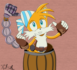 Size: 2750x2500 | Tagged: safe, artist:andtails1, miles "tails" prower, sails, sonic prime, abstract background, barrel, looking at viewer, signature, smile, solo, sonic x style