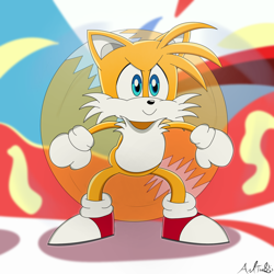Size: 1500x1500 | Tagged: safe, artist:andtails1, miles "tails" prower, sonic mania, abstract background, looking offscreen, redraw, signature, smile, solo, spinning tails, standing