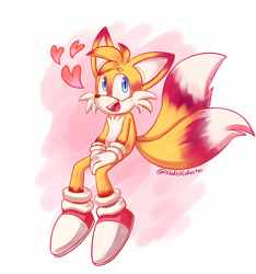 Size: 1280x1369 | Tagged: safe, artist:modistcollector, miles "tails" prower, abstract background, colored arms, colored ears, colored legs, colored tail, heart, looking offscreen, mouth open, signature, sitting, smile, solo