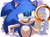 Size: 2048x1535 | Tagged: safe, artist:queenbeanyy, sonic the hedgehog, hedgehog, green hill zone, sonic prime, abstract background, holding something, looking at something, male, mouth open, palm tree, redraw, ring, smile, solo, standing