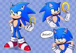 Size: 2048x1437 | Tagged: safe, artist:3511vo, sonic the hedgehog, sonic prime, abstract background, checkered background, dialogue, english text, lidded eyes, looking at something, looking offscreen, mouth open, outline, redraw, ring, smile, solo, speech bubble