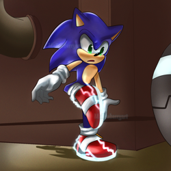 Size: 1280x1280 | Tagged: safe, artist:mallowberryart, sonic the hedgehog, sonic prime, 2023, abstract background, electricity, looking offscreen, mouth open, solo, standing on one leg