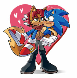 Size: 600x604 | Tagged: safe, artist:spacepumpkinz, elias acorn, prince elias acorn, sonic the hedgehog, 2021, abstract background, alternate universe, blushing, carrying them, duo, gay, heart, looking at each other, mouth open, outline, shipping, simple background, smile, sonelias, sweatdrop, white background