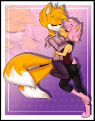 Size: 1127x1437 | Tagged: safe, artist:furtoodie, amy rose, miles "tails" prower, 2017, abstract background, blushing, border, duo, echo background, eyes closed, female, half r63 shipping, holding each other, hoodie, kiss, lesbian, pants, shipping, smile, tailamy