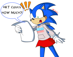 Size: 640x499 | Tagged: safe, artist:real_duck_bacon, sonic the hedgehog, dialogue, english text, holding something, hoodie, looking at something, mouth open, paper, shocked, signature, simple background, skirt, solo, speech bubble, standing, trans female, transgender, white background