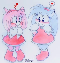 Size: 556x582 | Tagged: safe, artist:jiyako, amy rose, sonic the hedgehog, 2020, amy's halterneck dress, blushing, duo, grey background, heart, looking at them, simple background, smile, standing, trans female, transgender