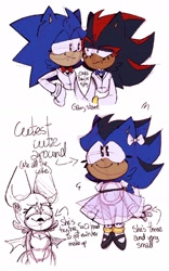 Size: 1200x1928 | Tagged: safe, artist:head---ache, rouge the bat, shadow the hedgehog, sonic the hedgehog, oc, oc:emmie the hedgehog, bat, hedgehog, bow, bowtie, dress, english text, eyelashes, fankid, gay, group, lidded eyes, looking at each other, looking at them, looking offscreen, magical gay spawn, parent:shadow, parent:sonic, parents:sonadow, shadow x sonic, shipping, simple background, sketch, smile, wedding, wedding suit, white background