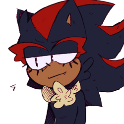Size: 2048x2048 | Tagged: safe, artist:head---ache, shadow the hedgehog, eyelashes, lidded eyes, looking offscreen, male, neck fluff, one fang, redraw, simple background, smile, solo, white background