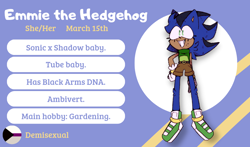 Size: 1004x591 | Tagged: safe, artist:head---ache, oc, oc:emmie the hedgehog, hedgehog, abstract background, character name, demisexual, english text, fankid, female, looking offscreen, magical gay spawn, oc only, parent:shadow, parent:sonic, parents:sonadow, smile, solo, solo female, standing