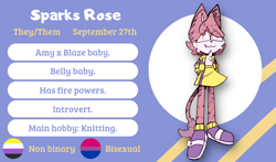 Size: 1004x591 | Tagged: safe, artist:head---ache, oc, oc:sparks rose, cat, bisexual, character name, english text, eyebrows clipping through hair, eyes clipping through hair, fankid, looking up, magical lesbian spawn, nonbinary, oc only, one fang, orange eyes, parent:amy, parent:blaze, parents:blazamy, pink fur, smile, solo, standing