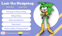 Size: 1004x591 | Tagged: safe, artist:head---ache, oc, oc:lash the hedgehog, ace, aromantic, english text, fankid, female, looking offscreen, oc only, parent:fiona, parent:scourge, parents:scouriona, smile, solo, standing, trans female, transgender