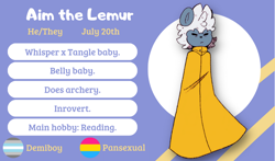 Size: 1004x590 | Tagged: safe, artist:head---ache, oc, oc:aim the lemur, lemur, abstract background, cloak, demiboy, english text, eyes closed, fankid, frown, magical lesbian spawn, pansexual, parent:tangle, parent:whisper, parents:whispangle, solo