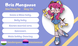 Size: 1004x591 | Tagged: safe, artist:head---ache, oc, oc:bria mongoose, mongoose, abstract background, english text, eyebrows clipping through hair, eyes clipping through hair, fankid, genderqueer, magical lesbian spawn, oc only, omnisexual, parent:mina, parent:sonia, parents:sonina, smile, solo, standing on one leg, v sign