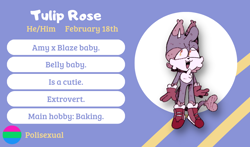 Size: 1004x591 | Tagged: safe, artist:head---ache, oc, oc:tulip rose, cat, abstract background, character name, english text, eye clipping through hair, looking offscreen, magical lesbian spawn, male, mouth open, parent:amy, parent:blaze, parents:blazamy, polysexual, purple fur, smile, solo, standing