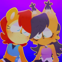 Size: 2048x2048 | Tagged: safe, artist:head---ache, nicole the hololynx, sally acorn, blushing, duo, gradient background, lesbian, looking down, nicole x sally, outline, shipping, smile, standing