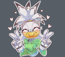 Size: 2047x1797 | Tagged: safe, artist:kobitachuart, oc, oc:cloud the budgie, bird, blushing, budgie, bust, cropped hoodie, double v sign, eyes closed, goggles, goggles on head, grey background, heart, oc only, outline, simple background, smile, solo